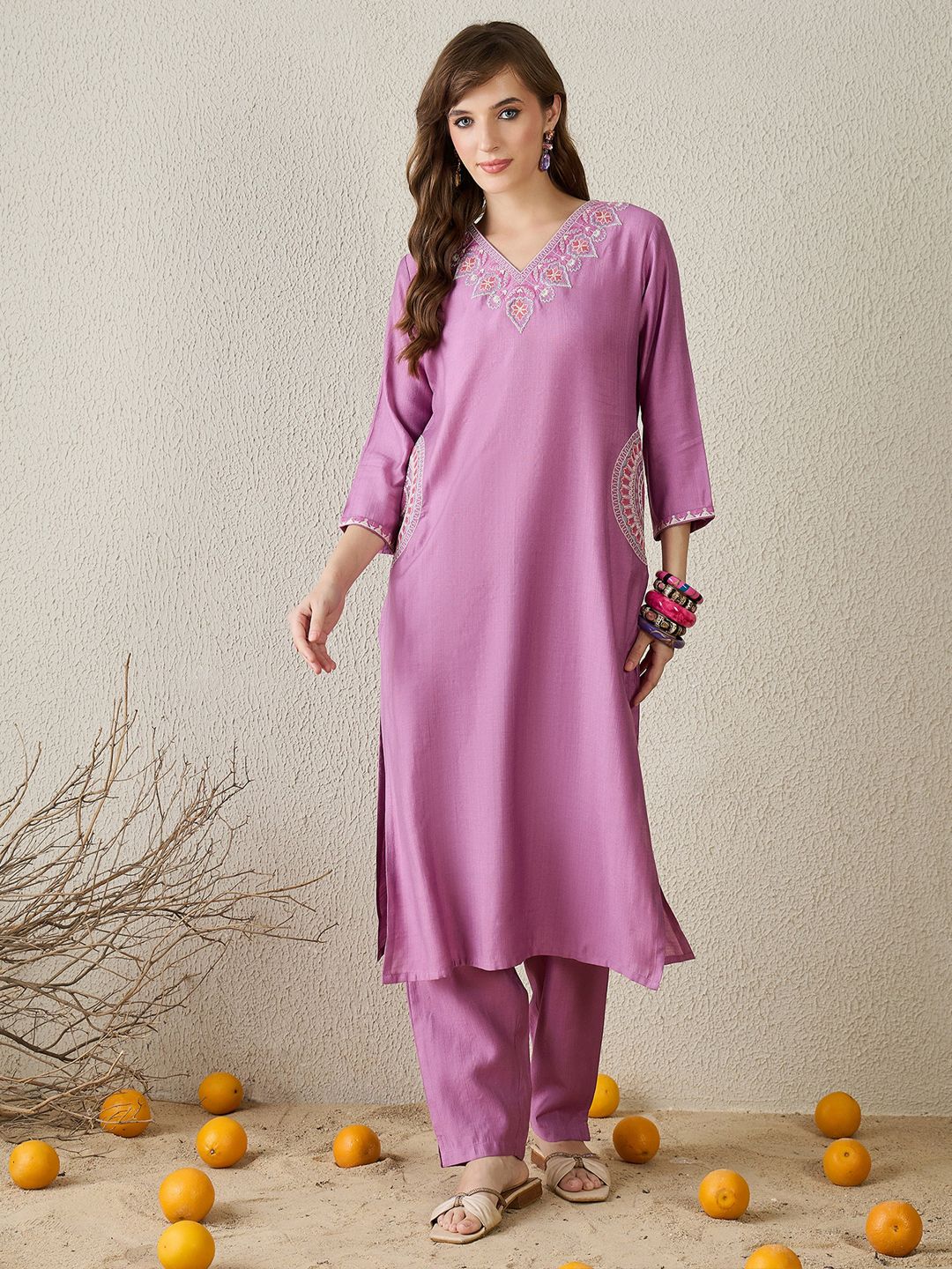 Floral Embroidered V-Neck Kurta with Trousers