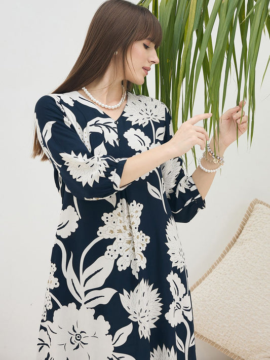 Dhiyona IE Floral Printed V-Neck Tunic & Trousers