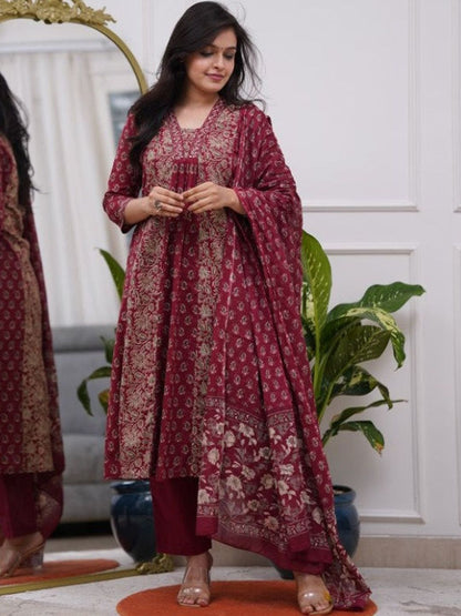 Dhiyona KL Women Ethnic Motifs Printed Panelled Kurta with Trousers & With Dupatta