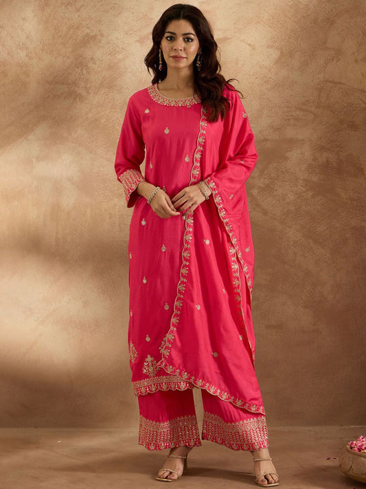 Dhiyona IE Women Ethnic Motifs Embroidered Regular Kurta with Trousers & With Dupatta