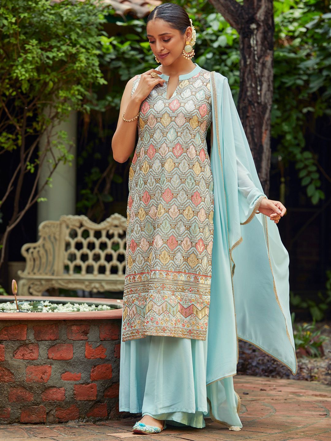 Dhiyona WP Floral Embroidered Sequinned Straight Kurta With Sharara & Dupatta