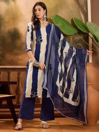 Dhiyona SN Women's Floral Printed V-Neck Pure Cotton Straight Kurta With Trousers And Dupatta