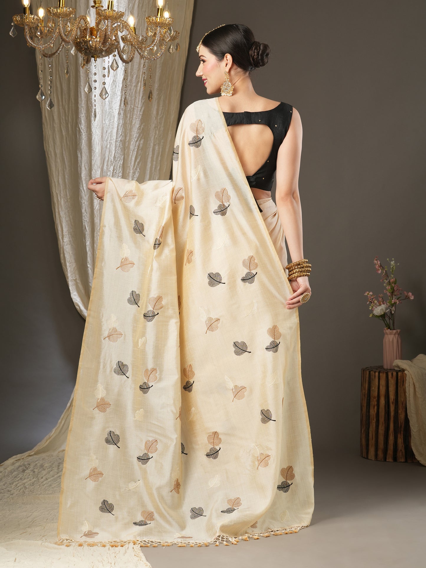 Women's Silk Blend Cream Embroidered Designer Saree With Blouse Piece