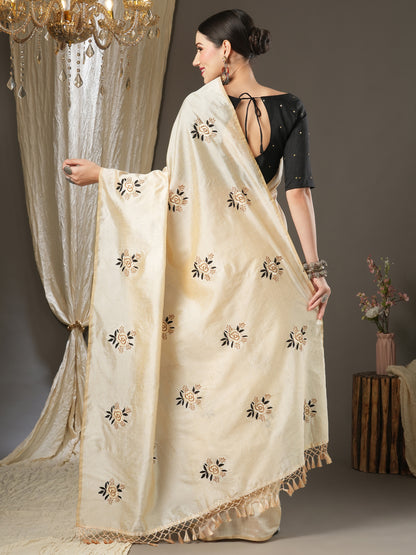 Women's Silk Blend Cream Embroidered Designer Saree With Blouse Piece