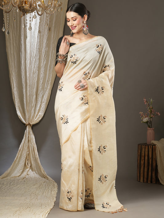 Women's Silk Blend Cream Embroidered Designer Saree With Blouse Piece