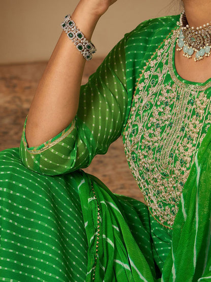 Dhiyona IE Leheriya Printed Straight Sequinned Georgette Kurta with Trousers & Dupatta