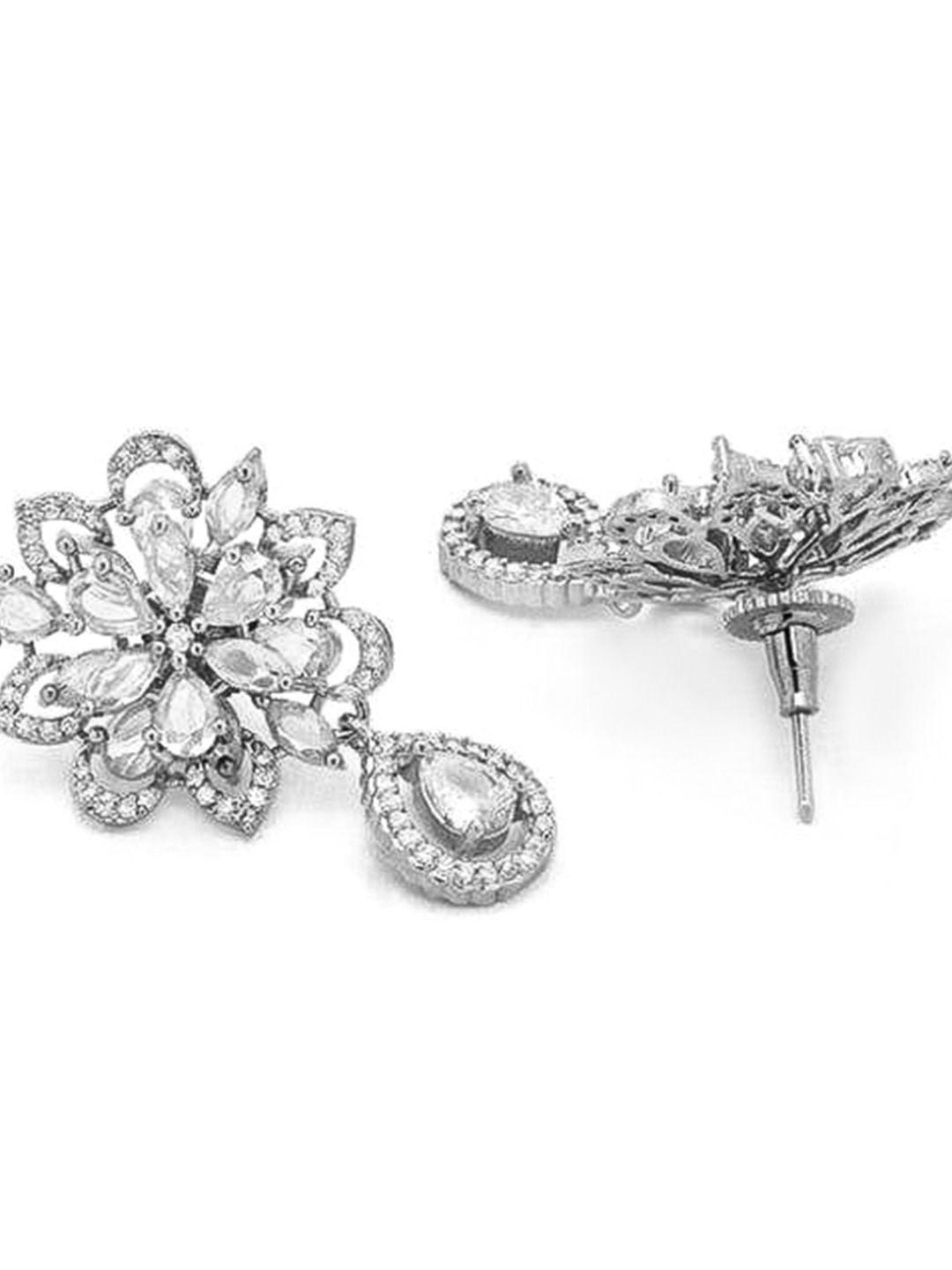 Dhiyona RJ Women's Rhodium-Plated Floral Cubic Zirconia Studded Dangle Earrings