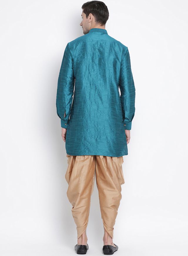 Men's Dark Green Silk Blend Pathani Kurta and Dhoti Set