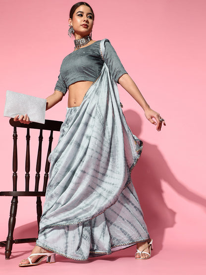 Women's Silk Blend Grey Embroidered Designer Saree With Blouse Piece