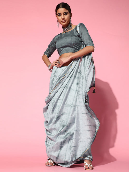 Women's Silk Blend Grey Embroidered Designer Saree With Blouse Piece