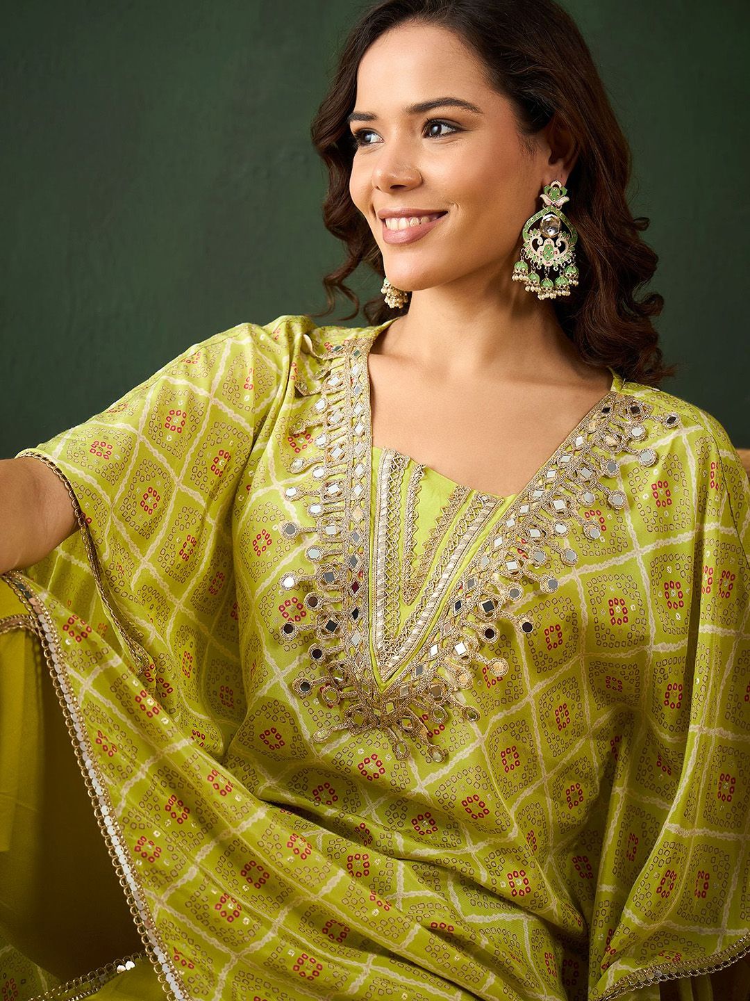 Dhiyona SN Women's Green Bandhani Printed Gotta Patti Asymmetric Kaftan With Dhoti Pant