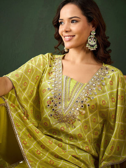 Dhiyona SN Women's Green Bandhani Printed Gotta Patti Asymmetric Kaftan With Dhoti Pant