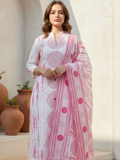 Floral Printed Notch Mandarin Collar Cotton Kurta With Trousers & Dupatta
