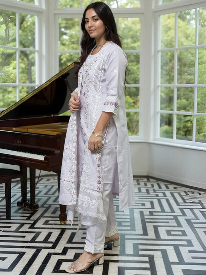 Floral Embroidered Thread Work Pure Cotton Kurta With Trousers & Dupatta