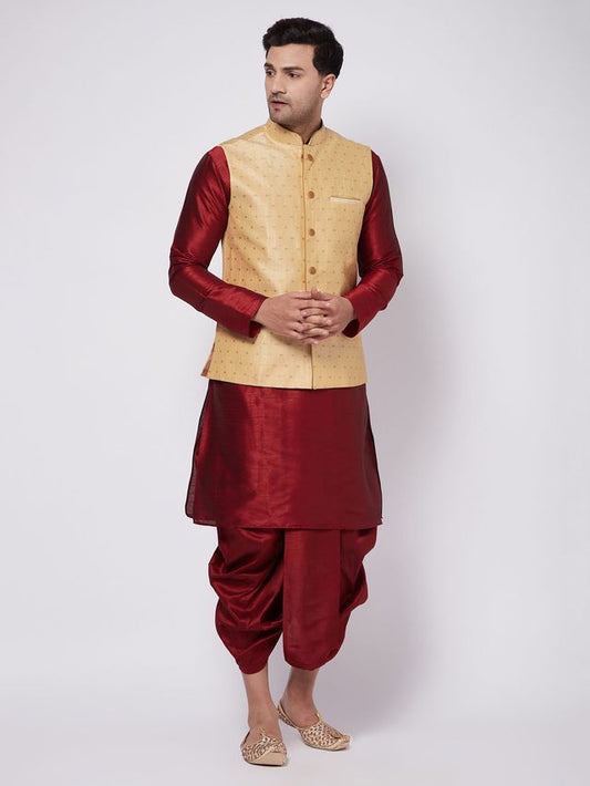Men's Maroon Silk Blend Straight Jacket  Kurta and Dhoti Set