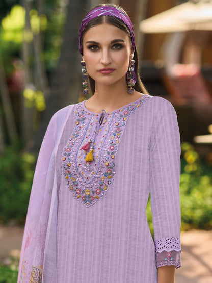 Dhiyona IE Lavender Floral Embroidered Tie Up Neck Pure Cotton Kurta with Trousers & Dupatta