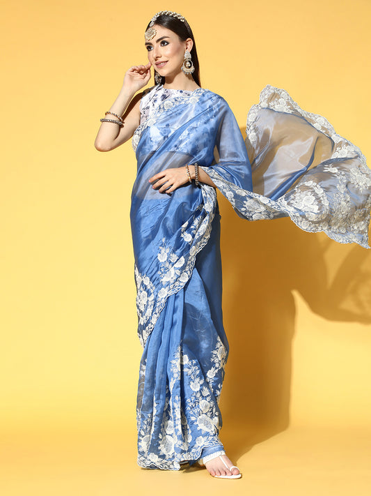 Women's Organza Blue Embroidered Designer Saree With Blouse Piece