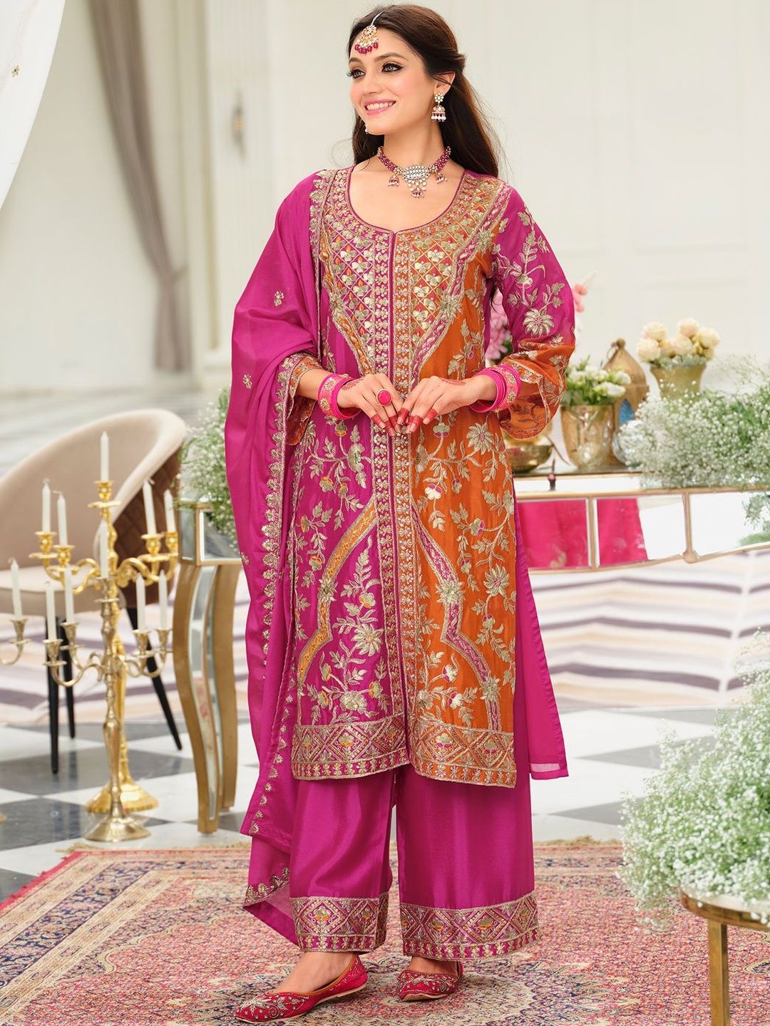 Dhiyona IE Women Ethnic Motifs Embroidered Panelled Kurta with Palazzos & Dupatta