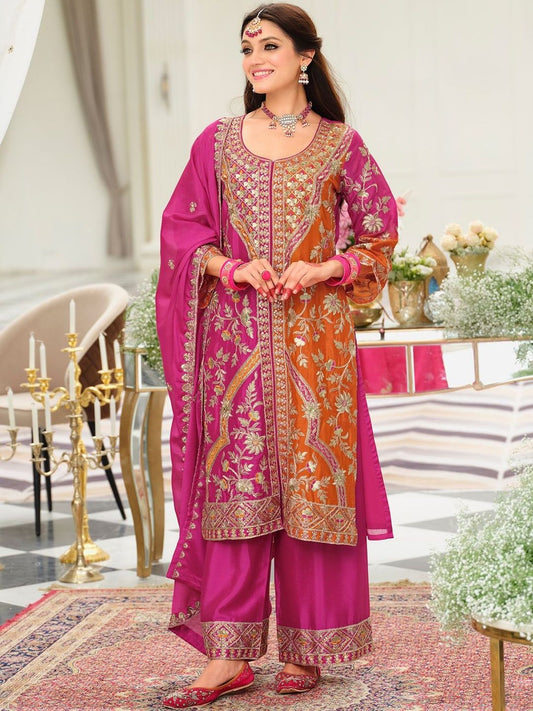 Women Ethnic Motifs Embroidered Panelled Kurta with Palazzos & Dupatta