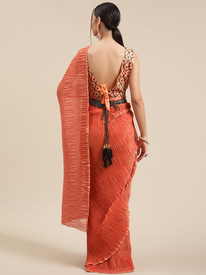 Women's Polycotton Rust Solid Belted Sarees With Blouse Piece