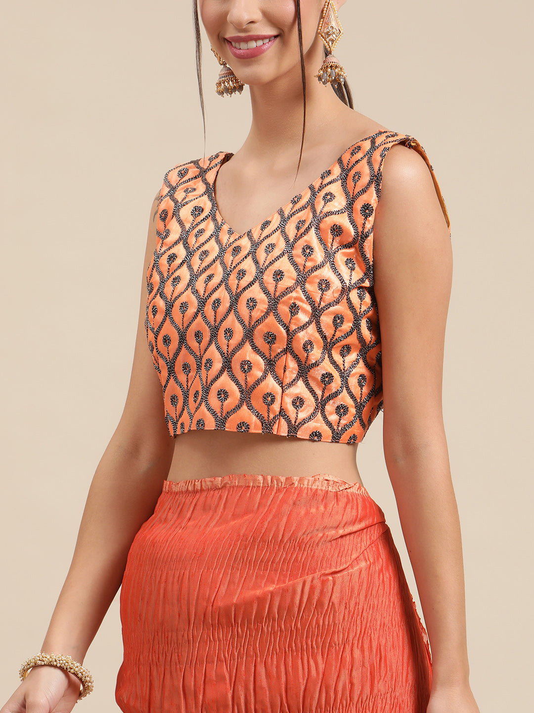 Women's Polycotton Rust Solid Belted Sarees With Blouse Piece