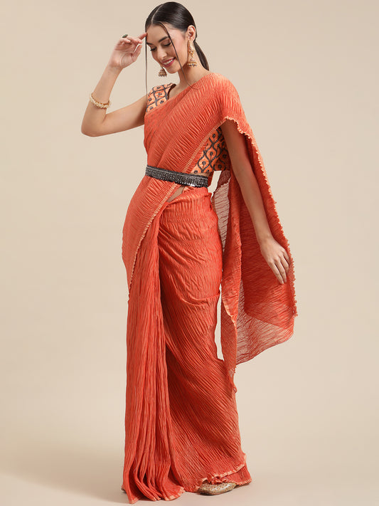 Women's Polycotton Rust Solid Belted Sarees With Blouse Piece