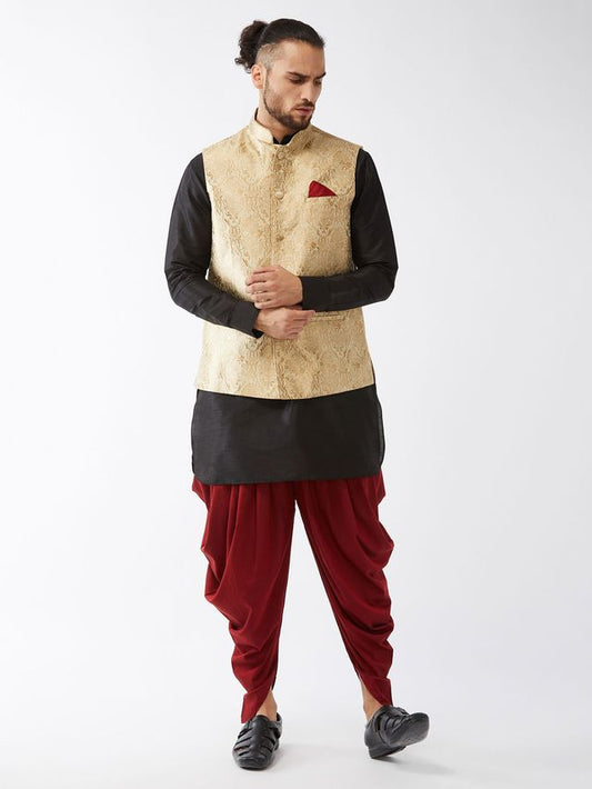 Men's Black Silk Blend Straight Jacket  Kurta and Dhoti Set