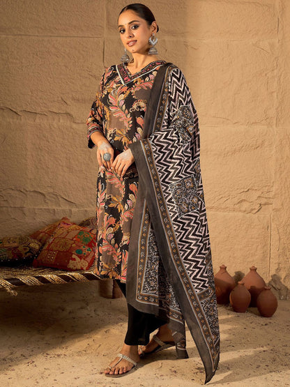 Dhiyona IE Women's Women Floral Embroidered Pure Cotton Kurta with Trouser & Dupatta