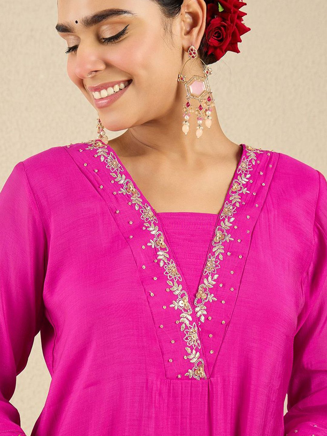 Dhiyona IE Embroidered V-Neck A-Line Tunic With Trousers Co-Ords