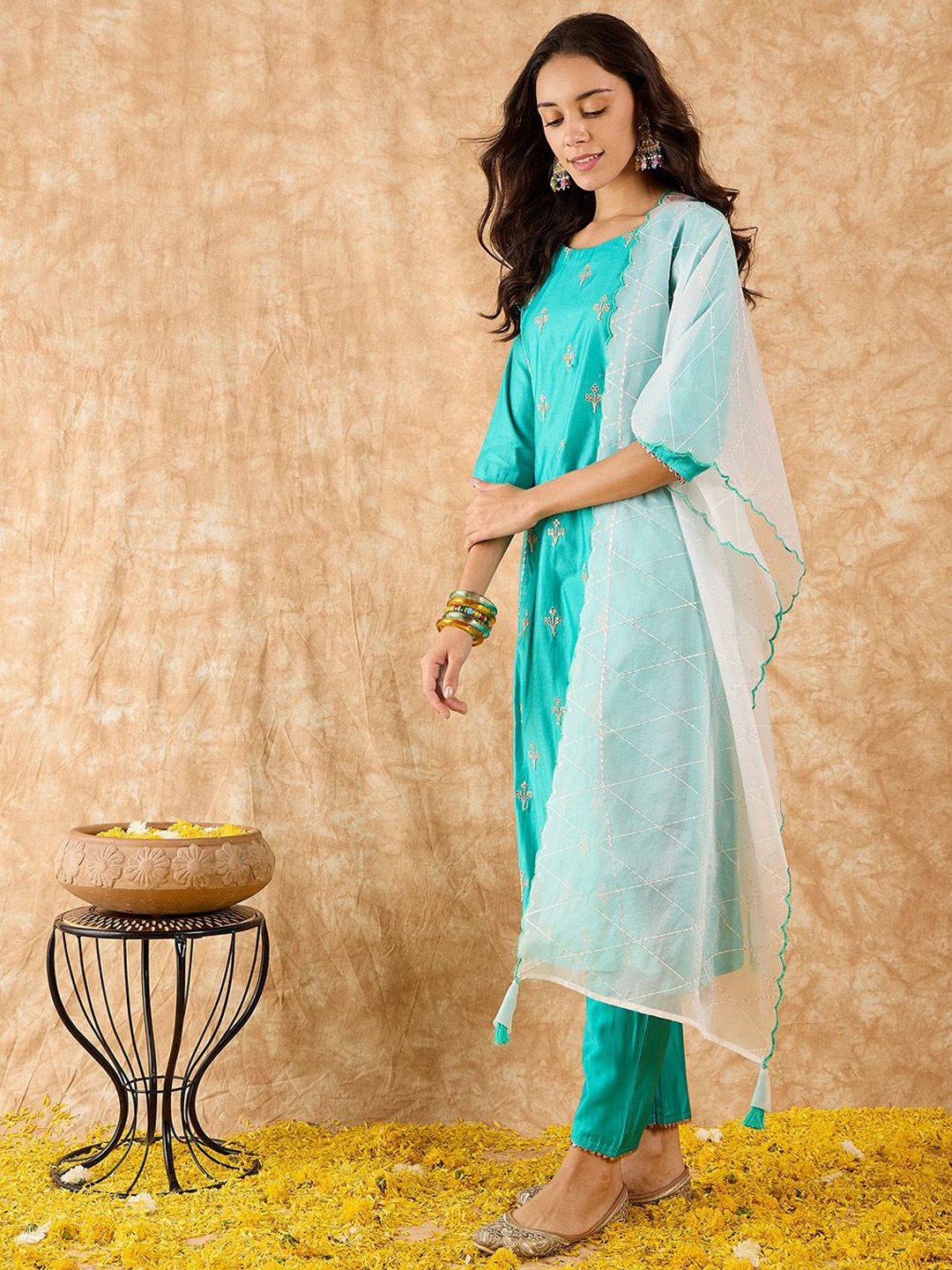 Ethnic Motifs Embroidered A-Line Sequinned Liva Kurta with Trousers & Dupatta