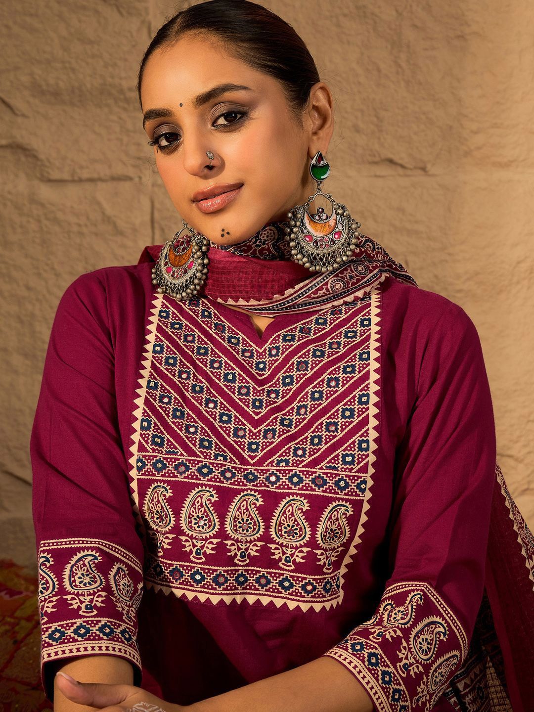 Yoke Design Printed Notch-Neck Cotton Straight Kurta With Trousers And Dupatta