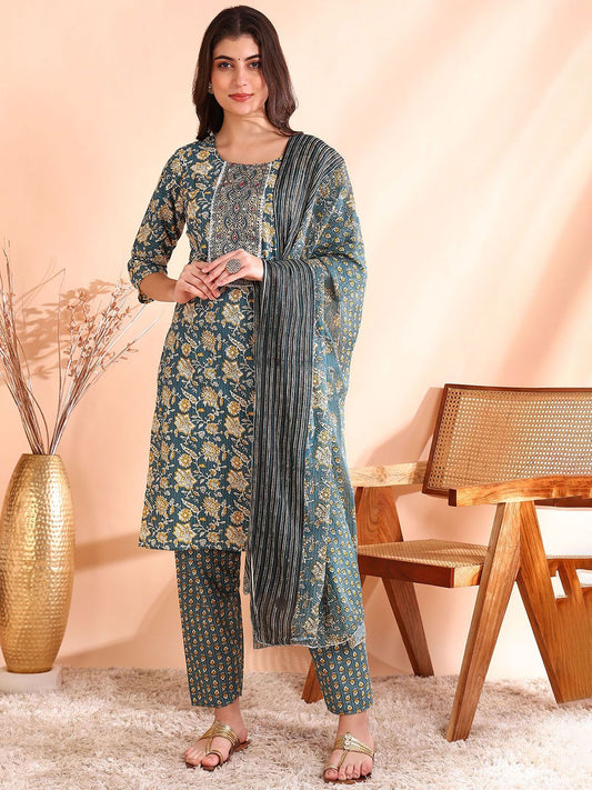 Dhiyona OD  Printed Mirror Work Pure Cotton Kurta With Trousers & Dupatta