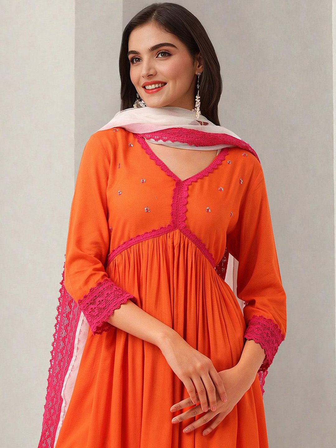 Dhiyona IS Women's Women Floral Embroidered Regular Kurta with Trousers & With Dupatta