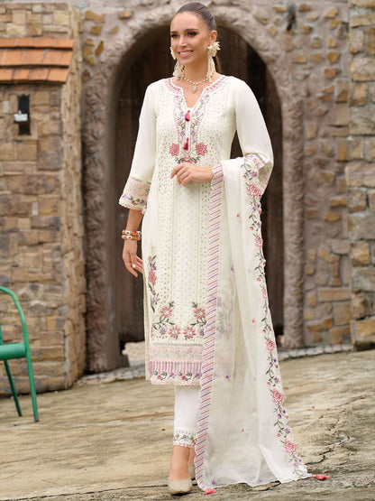 Floral Embroidered Regular Sequinned Kurta With Trousers & Dupatta