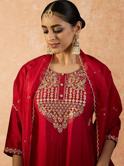 Women Ethnic Motifs Embroidered Regular Sequinned Liva Kurta with Trousers & With Dupatta