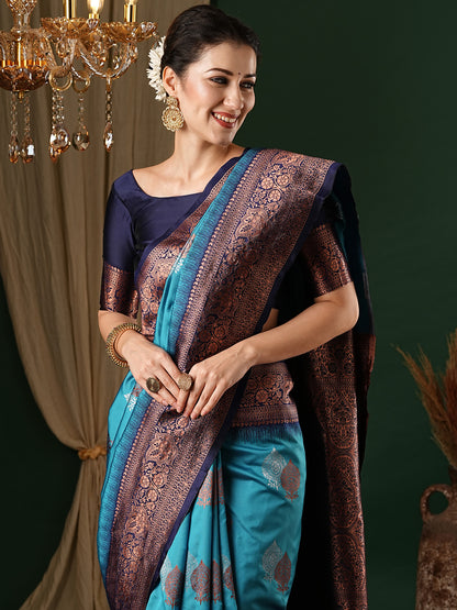 Women's Silk Blend Light Blue Woven Design Designer Saree With Blouse Piece