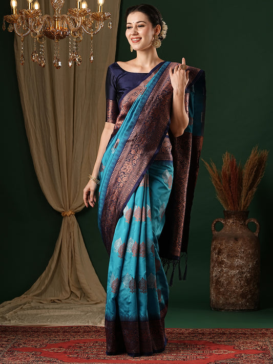 Women's Silk Blend Light Blue Woven Design Designer Saree With Blouse Piece
