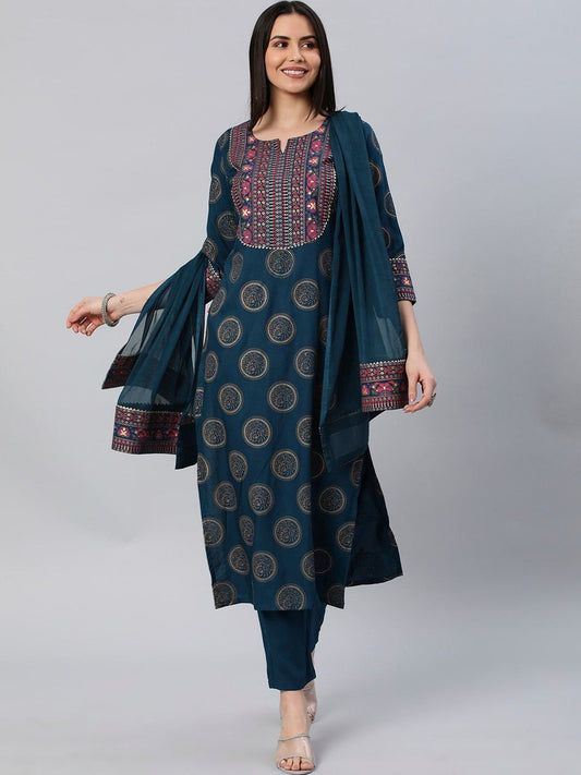 Dhiyona KL Women Ethnic Motifs Printed Regular Kurta with Trousers & With Dupatta