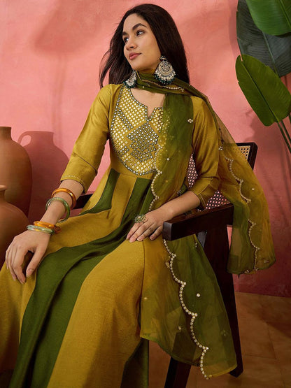 Dhiyona SN Women's Vichitra Thread Mirror Work Embroidery A Line Kurta With Trousers & Dupatta