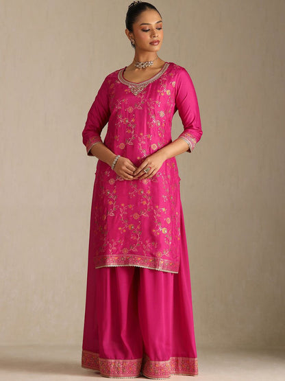 Dhiyona SO Women's Floral Printed Beads & Stones Brocade Weave Round Neck Kurta With Palazzos & Dupatta
