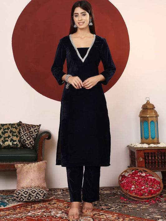 Dhiyona VA Women's V Neck Zari Embroidered Velvet Kurta with Trouser