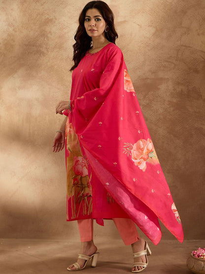 Dhiyona IE Women Floral Printed Regular Pure Cotton Kurta with Trousers & Dupatta