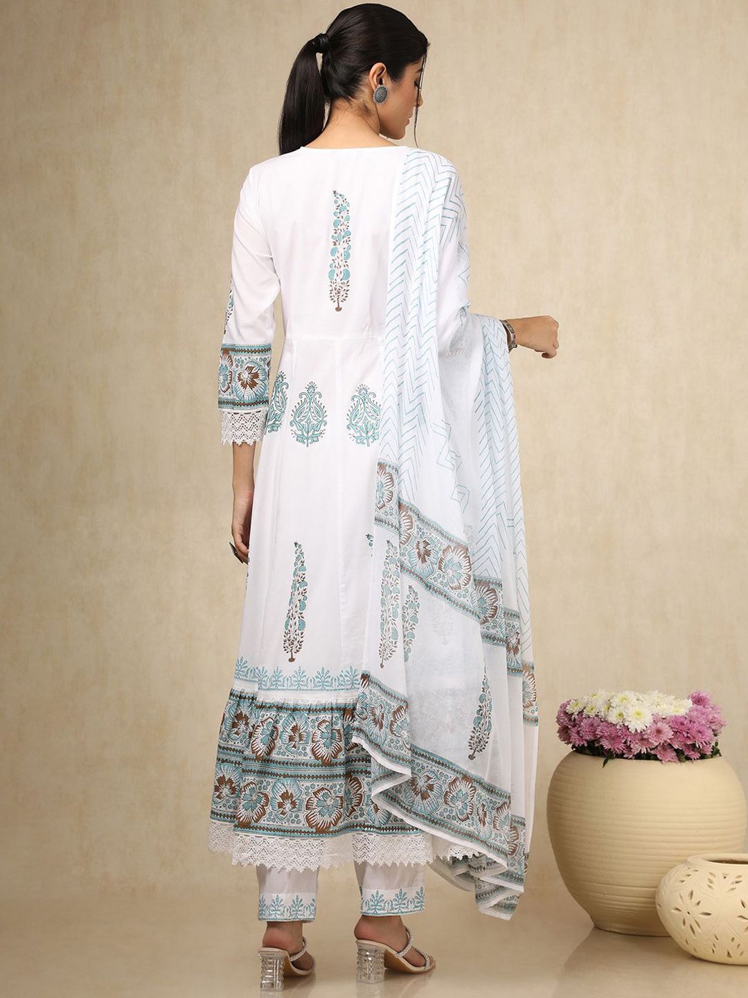 Dhiyona SO Women's Ethnic Motifs Printed Anarkali Kurta With Trousers And Dupatta