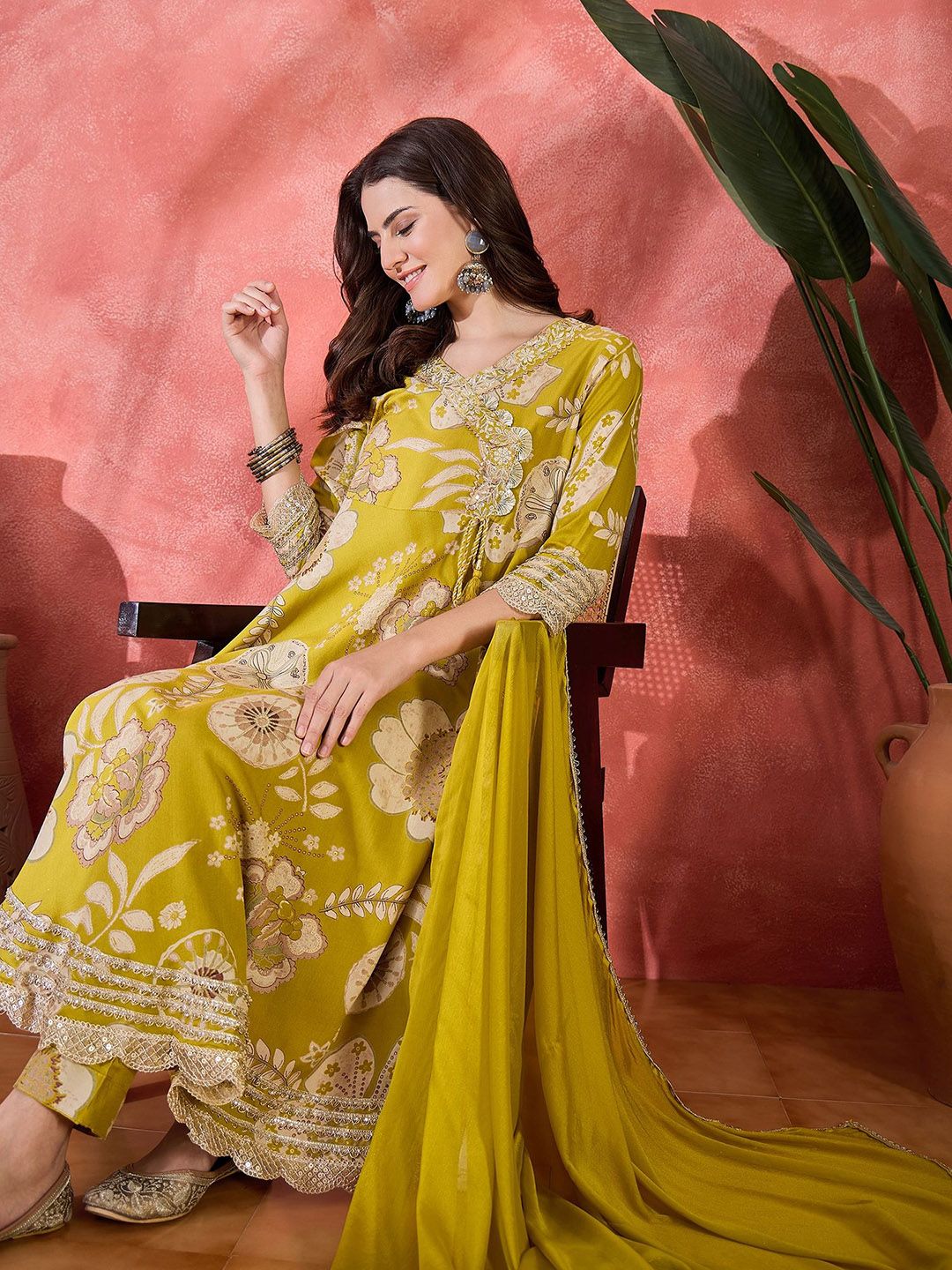 Dhiyona SN Women's Floral Printed With Embroidered Angrakha Kurta With Trousers & Dupatta