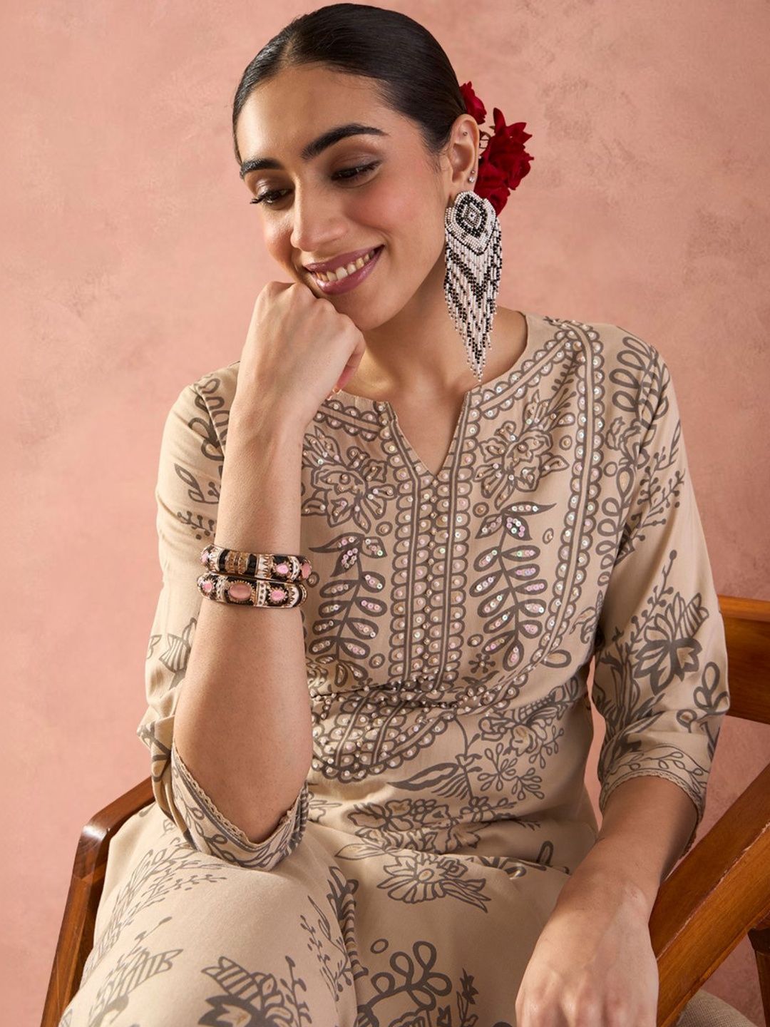 Dhiyona IE Women Ethnic Motifs Printed Regular Sequinned Kurta with Trousers