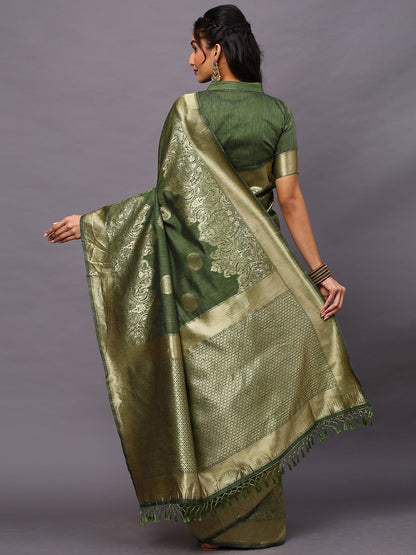 Women's Silk Blend Olive Woven Design Woven saree With Blouse Piece