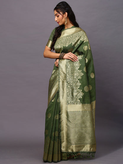 Women's Silk Blend Olive Woven Design Woven saree With Blouse Piece