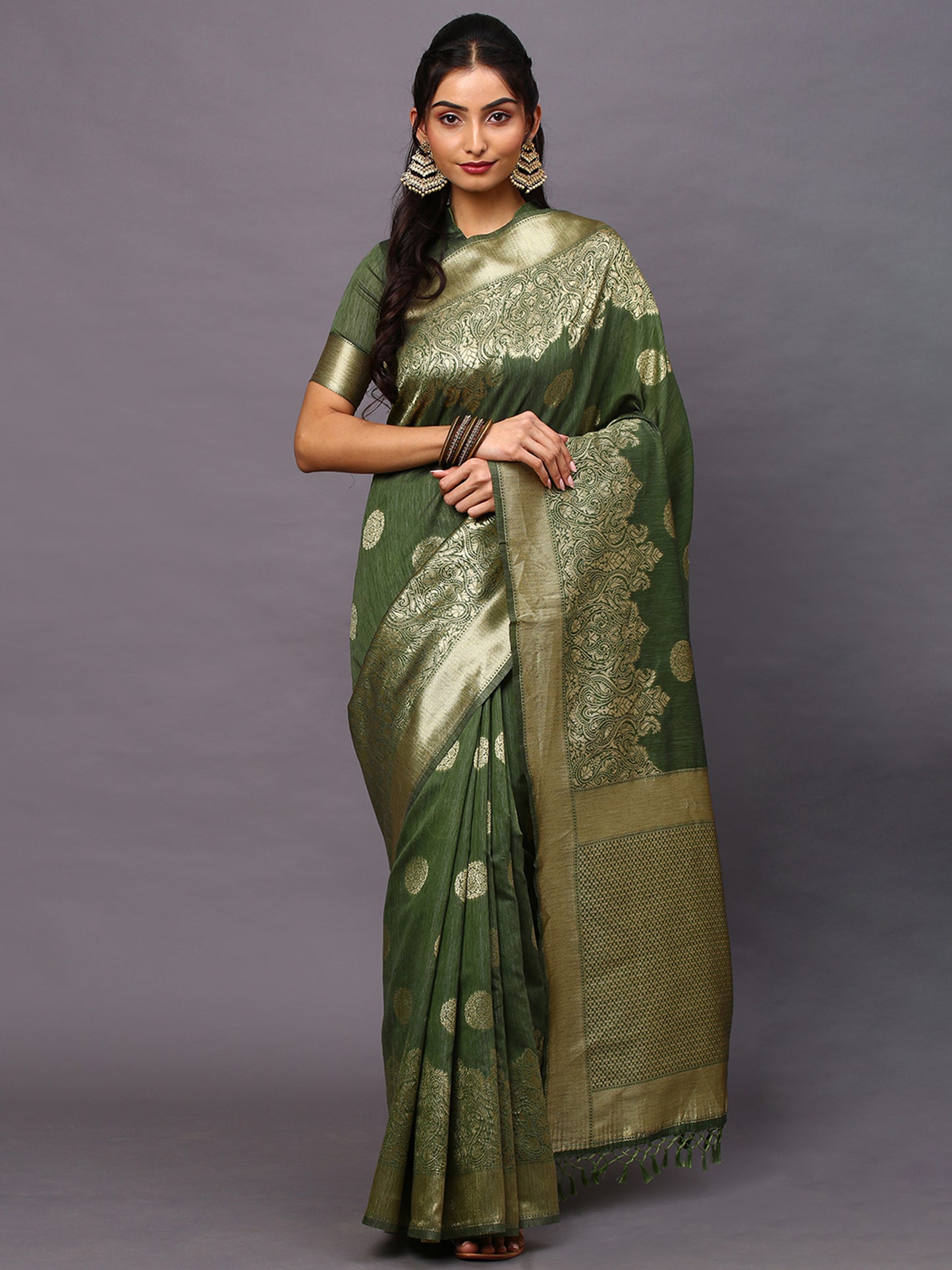 Women's Silk Blend Olive Woven Design Woven saree With Blouse Piece