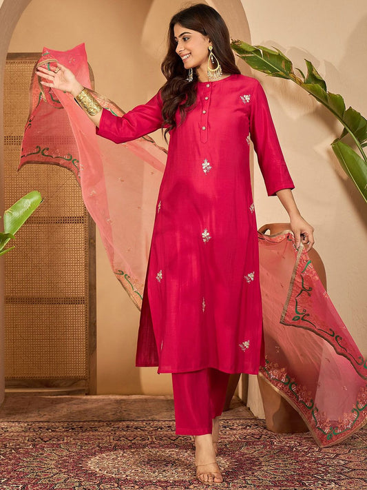 Dhiyona SN Women's Embroidered Gota Work Straight Kurta & Trousers With Dupatta