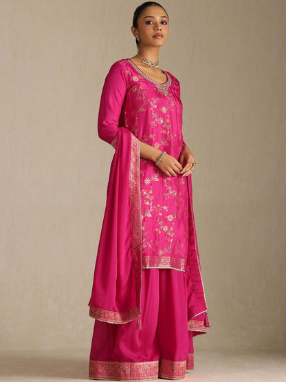 Dhiyona SO Women's Floral Printed Beads & Stones Brocade Weave Round Neck Kurta With Palazzos & Dupatta